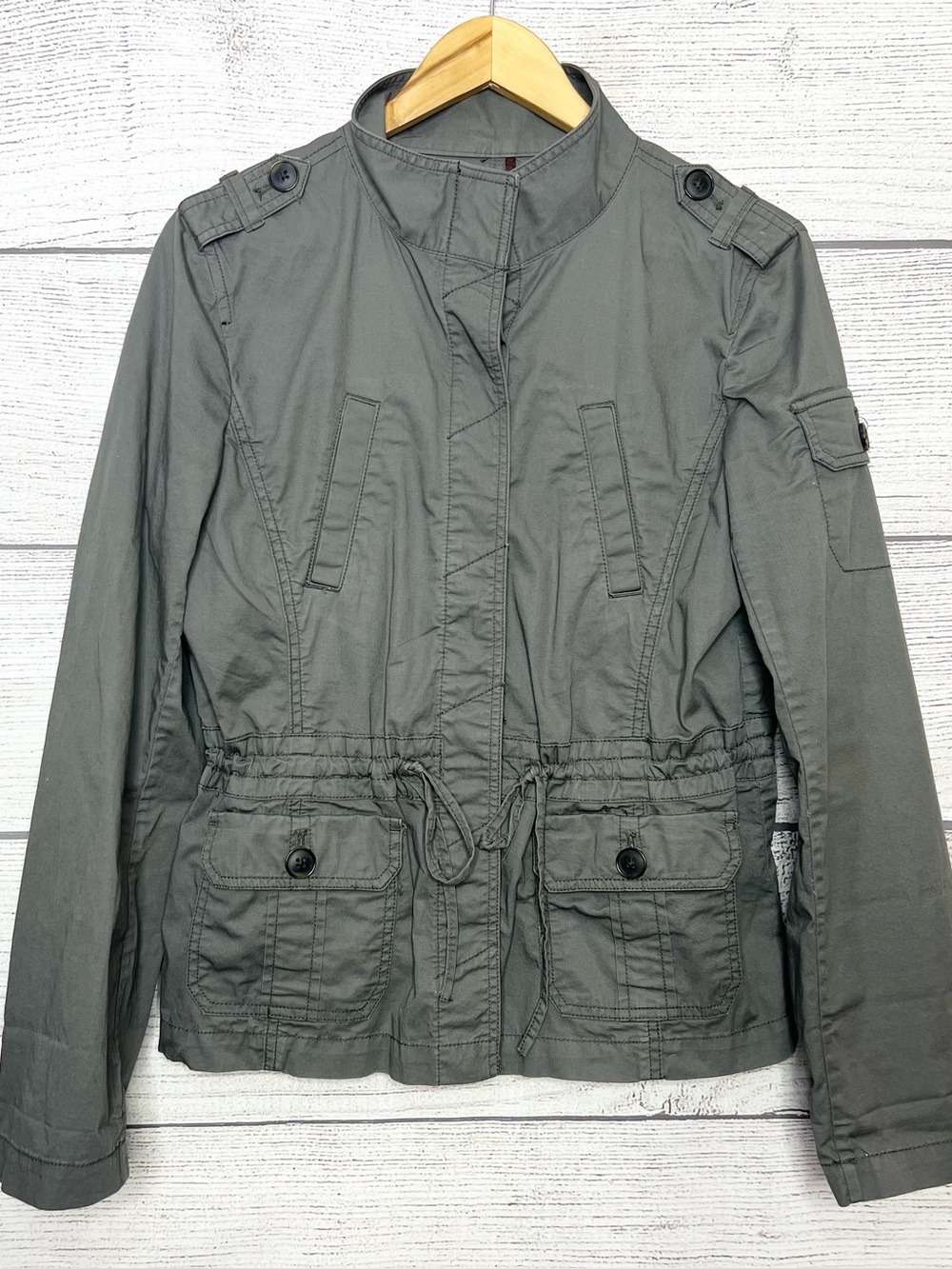 LOFT Gray Drawstring Cinched Waist Button Front Utility Jacket Size Medium